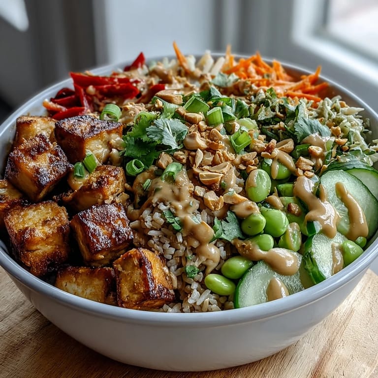 A close-up of golden tofu cubes and sliced cucumber alongside a generous swirl of rich peanut sauce over a nourishing plant-based meal.