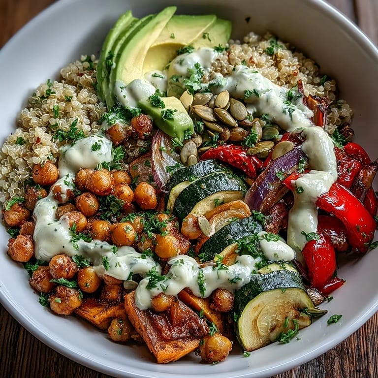 A vibrant Chickpea Power Bowl drizzled with creamy tahini sauce, topped with sliced avocado and fresh parsley.