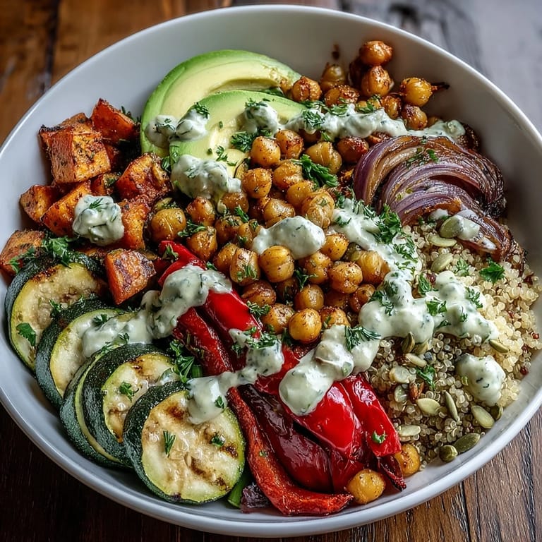 Four wholesome Chickpea Power Bowls ready to serve, featuring quinoa, roasted sweet potatoes, and toasted pumpkin seeds.