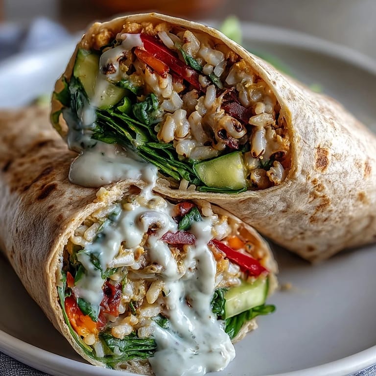 Healthy Black-Eyed Pea Wraps drizzled with lemon-tahini dressing, ready to serve with a side of fresh cucumbers.