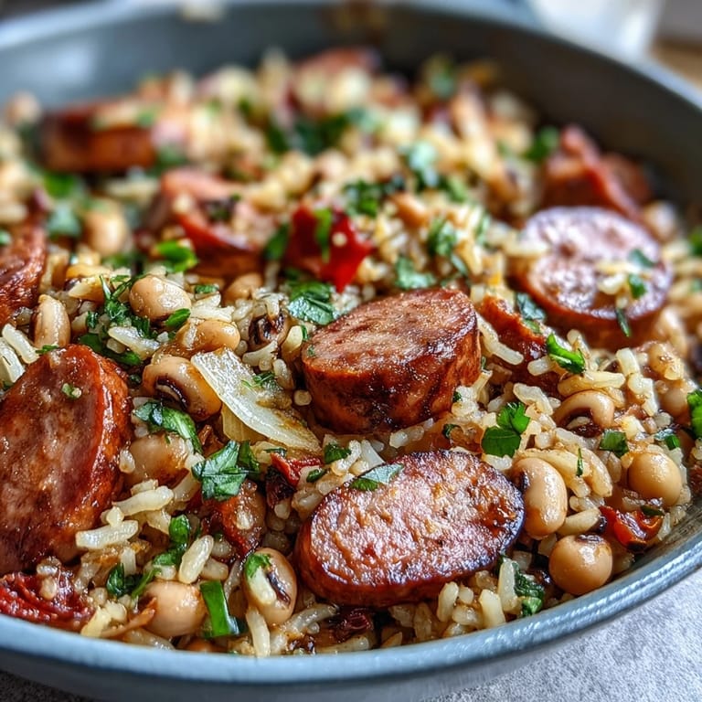 Sizzling Andouille sausage is sautéed with diced vegetables for this robust Black-Eyed Pea Jambalaya, ready to be served hot with your favorite hot sauce.