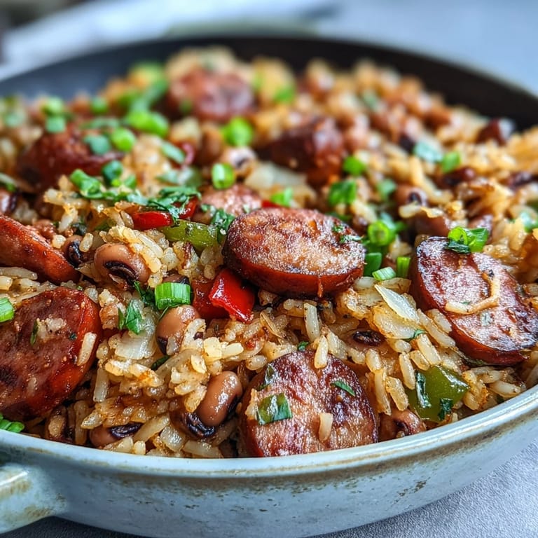 A vibrant bowl of Black-Eyed Pea Jambalaya topped with fresh parsley and green onions, served alongside a glass of iced tea.