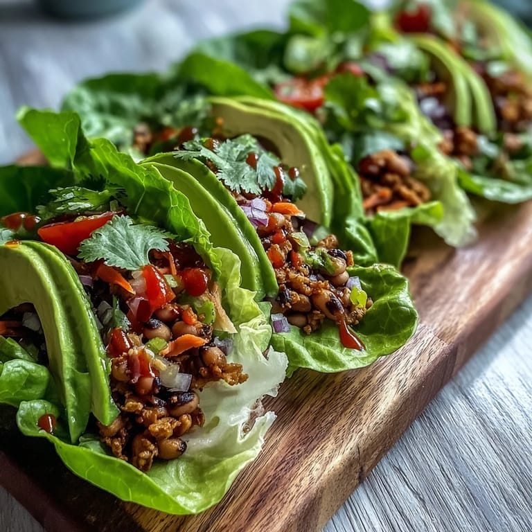 Freshly prepared black-eyed pea lettuce wraps with creamy avocado slices and a dash of hot sauce, served on a rustic wooden board.