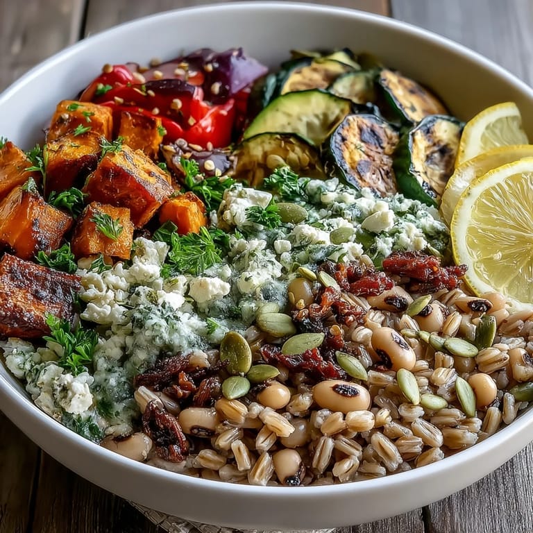 Savory Black-Eyed Pea Grain Bowl garnished with fresh parsley, toasted pumpkin seeds, and lemon wedges for a bright, zesty finish.