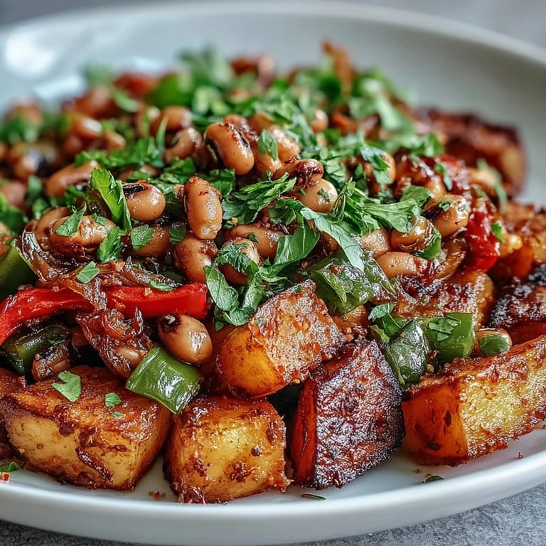 Savory Southern Black-Eyed Pea Hash topped with fresh parsley and a fried egg for a hearty breakfast.