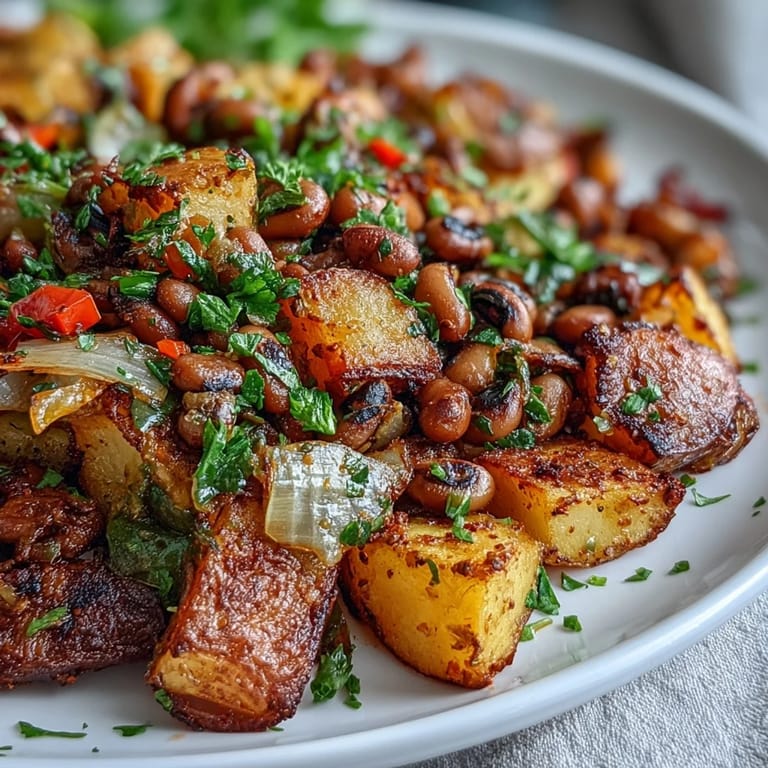 Close-up of vegetarian Black-Eyed Pea Hash featuring golden potatoes and colorful peppers, ready to be served.