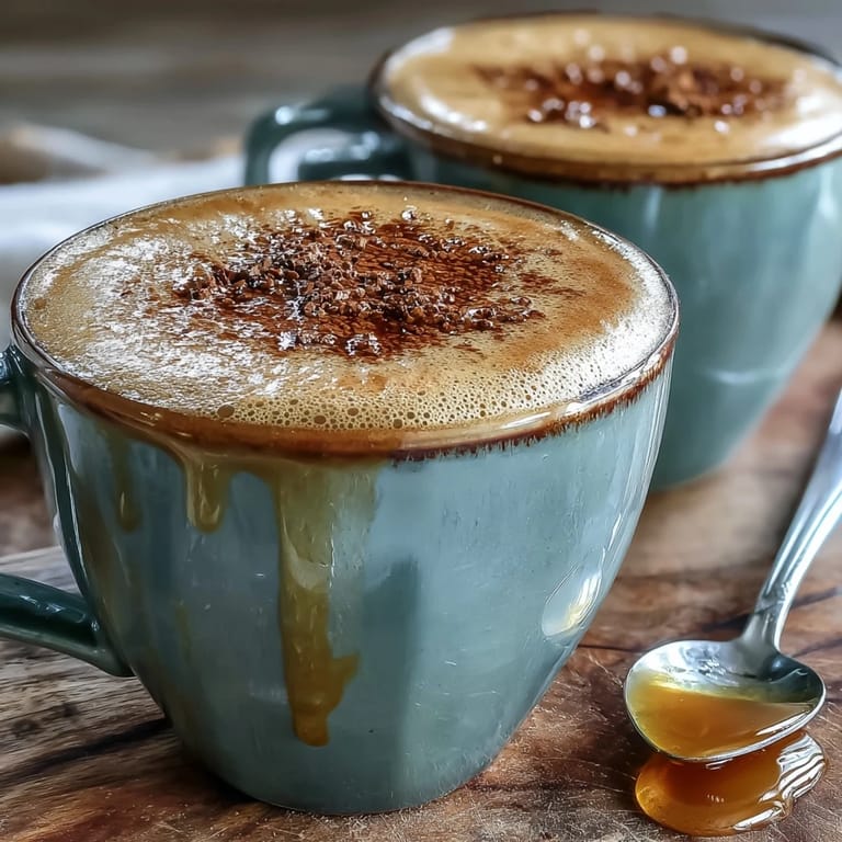 Cozy Hot Hojicha Latte in a rustic mug, paired with a honey dipper and soft afternoon light.