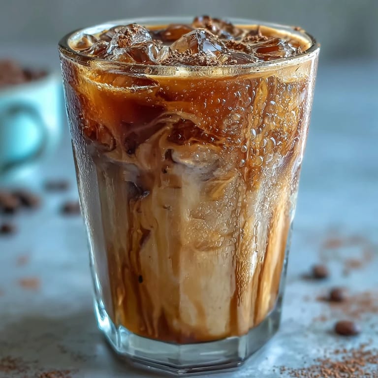 A homemade Iced Hojicha Latte with a maple syrup swirl, perfect for a refreshing Japanese-inspired coffee alternative.