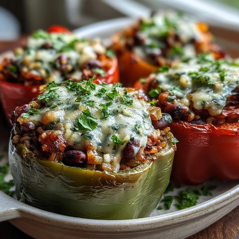 Colorful bell peppers overflowing with a hearty black-eyed pea, rice, and vegetable filling on a rustic plate.