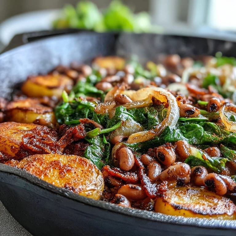 Plump black-eyed peas and diced potatoes in a savory broth fill a cast iron skillet, topped with vibrant green spinach and lemon wedges.