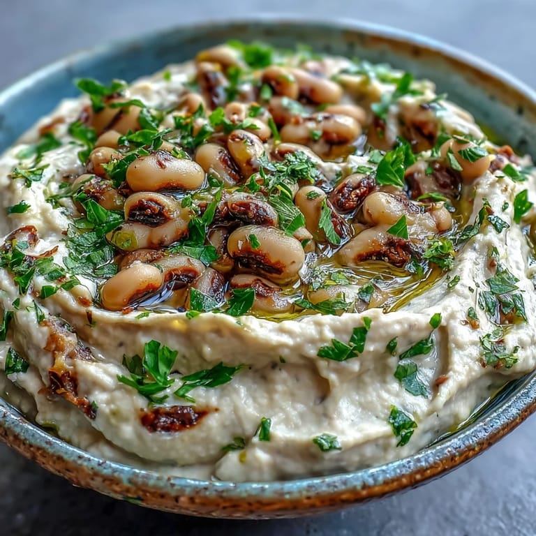 Smashed Black-Eyed Peas served warm in a ceramic bowl alongside pita chips and sliced cucumbers.