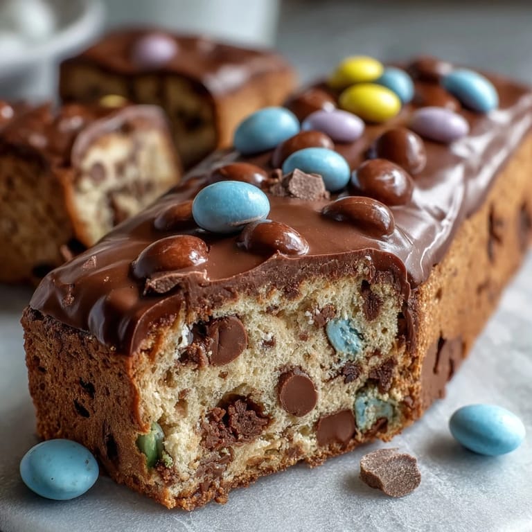 Golden baked cookie bars studded with Cadbury mini eggs and pastel M&Ms, perfect for spring dessert tables.  