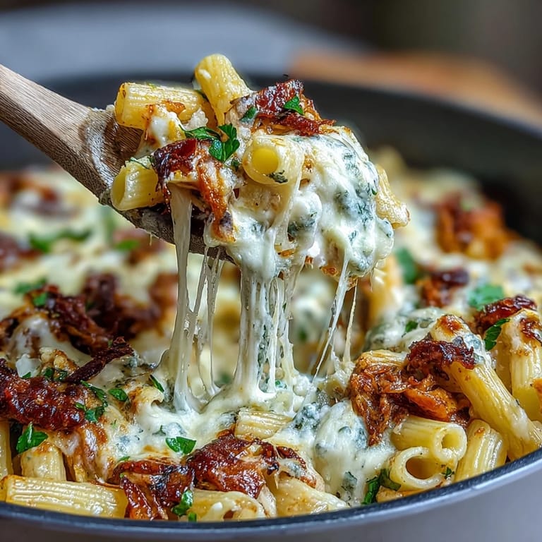This comforting one-pot cheesy pasta bake features tender noodles in a savory tomato sauce, topped with a gooey three-cheese blend.