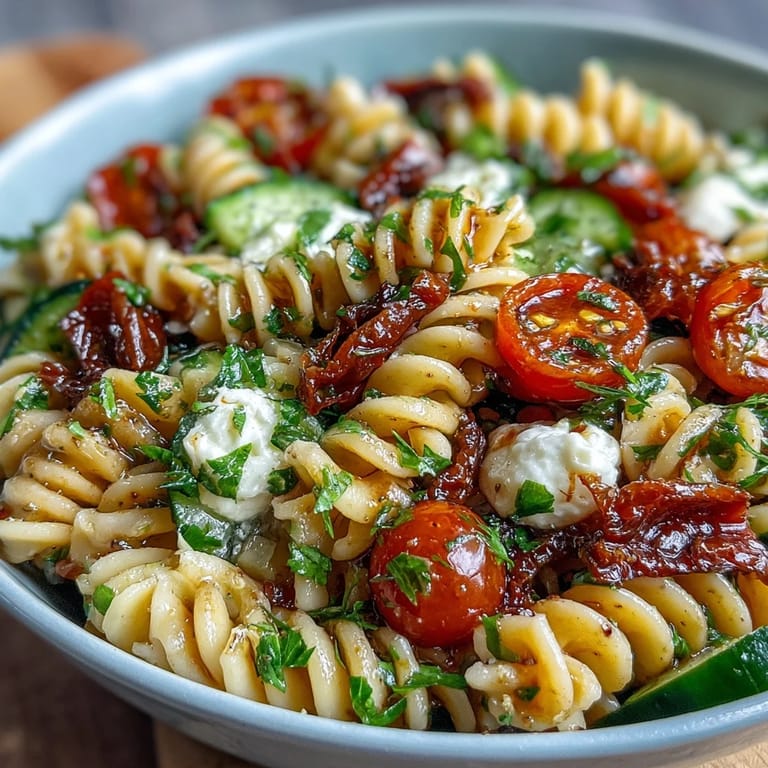 Vibrant Easy Picnic Pasta Salad with Italian Dressing, loaded with crisp bell peppers, cucumbers, and fresh herbs for a refreshing summer side.