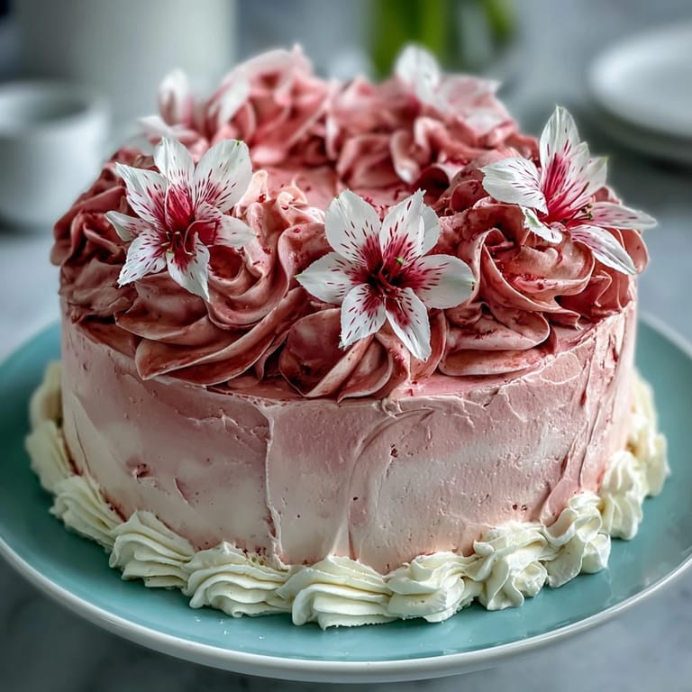 Showstopping Mothers Day cake with silky pink buttercream gradient and fresh floral decorations.
