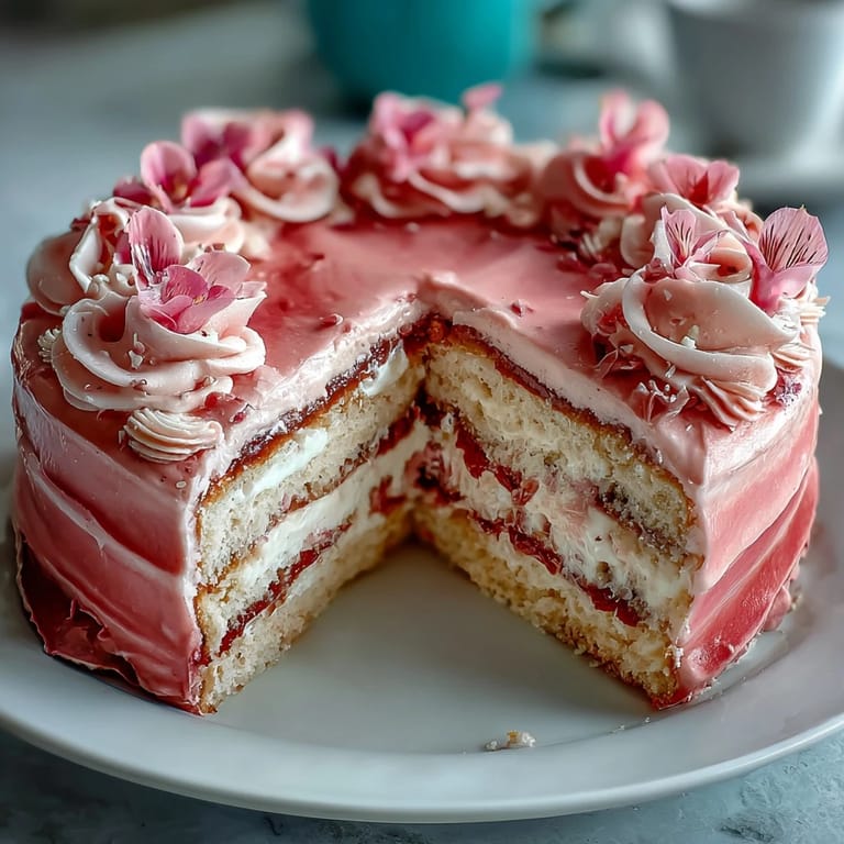Three-layer vanilla cake with pink ombre frosting and edible flowers, perfect Mothers Day dessert.