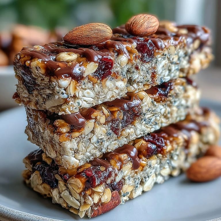 No-bake granola energy bars with a golden oat base, mixed nuts, and cranberries, ready for a quick healthy treat.