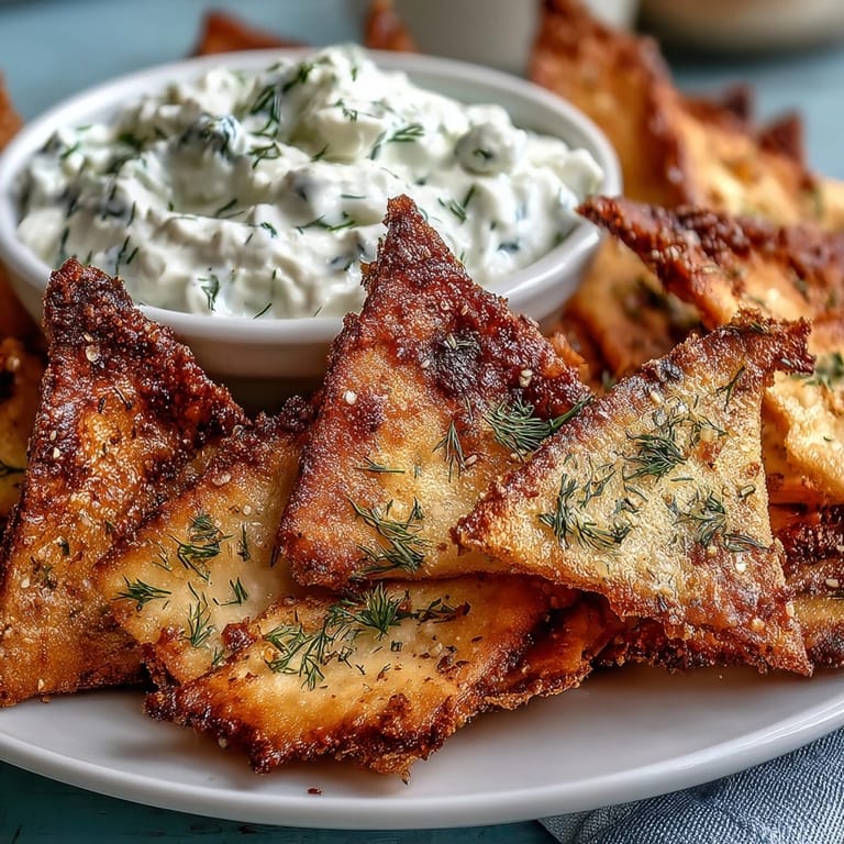 Golden-baked pita chips served alongside tangy tzatziki dip, perfect for parties or beach picnics.