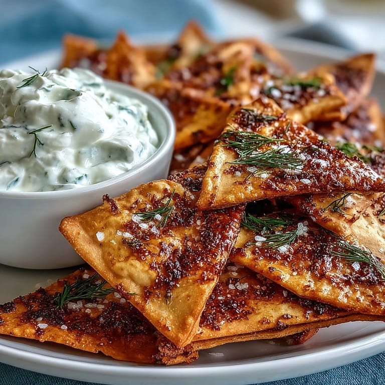 Crunchy pita triangles paired with herby Greek yogurt tzatziki, ideal for a light vegetarian appetizer.