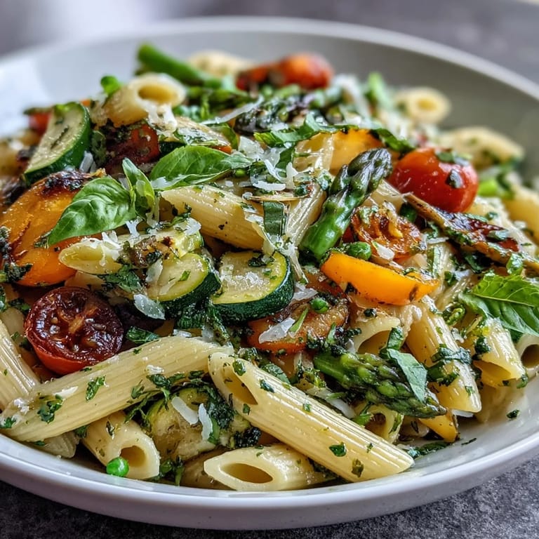 Vibrant Spring Pasta Primavera with fresh vegetables and herbs, served in a white bowl with a sprinkle of Parmesan.