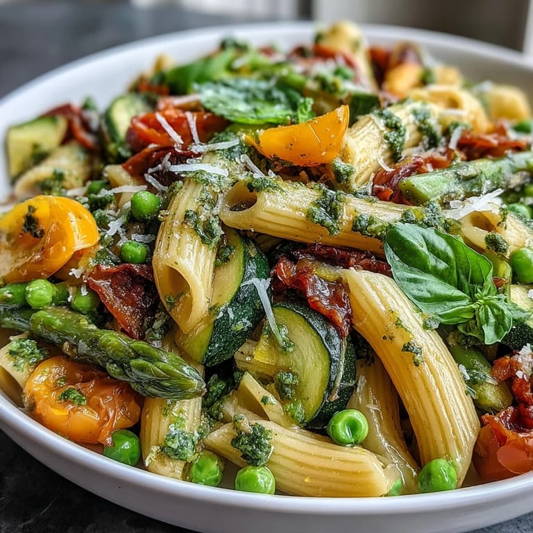Close-up of Spring Pasta Primavera with al dente pasta and seasonal vegetables, garnished with fresh basil and Parmesan.