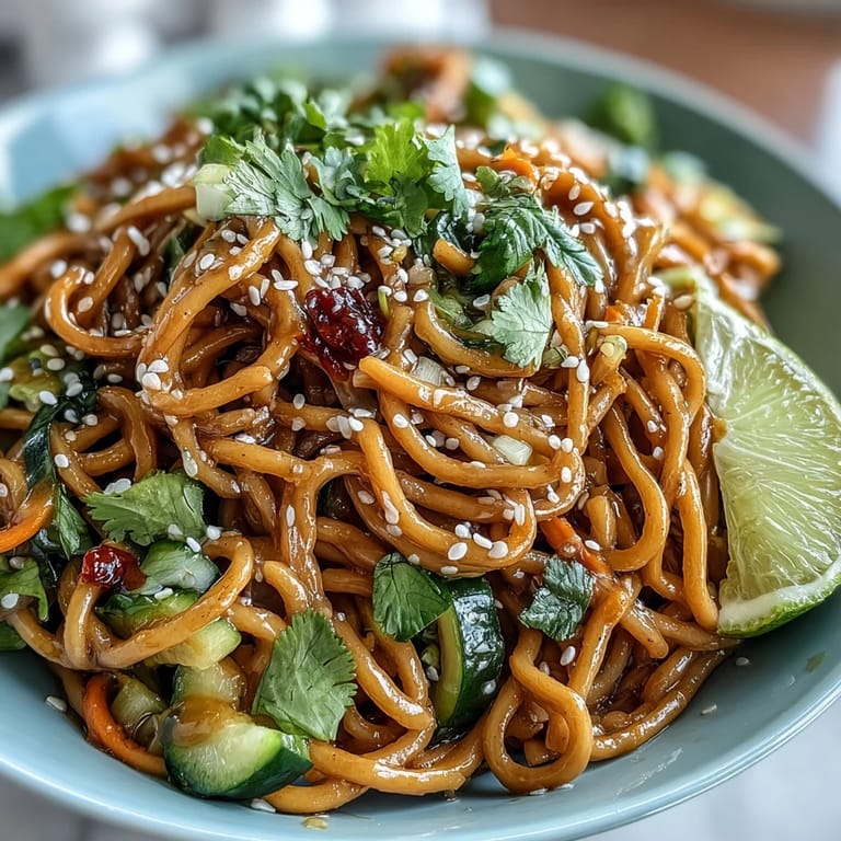 Refreshing cold sesame noodle bowl with crunchy cucumber, julienned carrots, and a creamy sesame dressing, garnished with herbs.