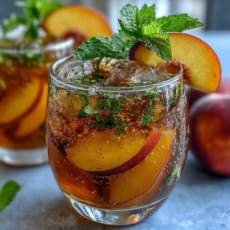 Vibrant Mango Peach Sparkling Tea served over ice with fresh mint, perfect for hot days and summer gatherings.