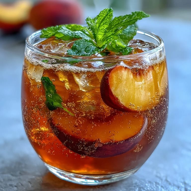A glass of Mango Peach Sparkling Tea with ice, garnished with mint and fresh peach slices for a cool summer treat.