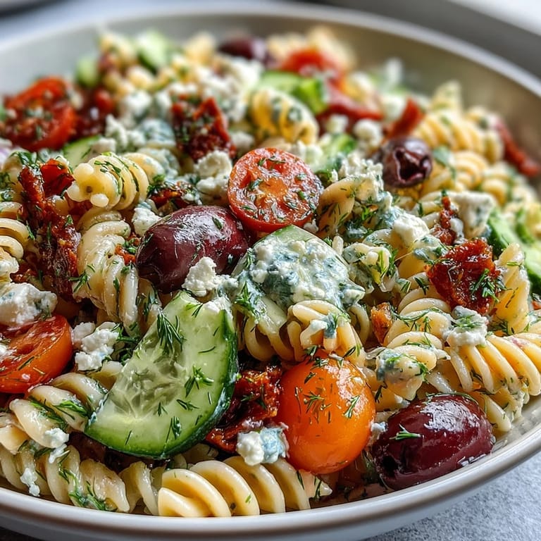 Colorful Greek-inspired pasta salad featuring Kalamata olives, red onion, and feta, tossed in a tangy oregano and red wine vinegar dressing.