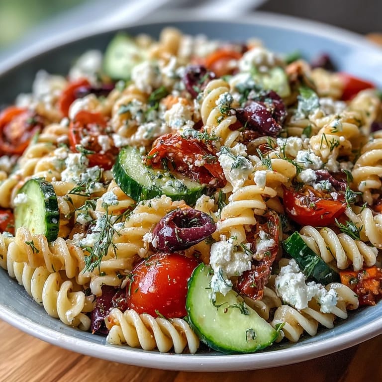 Fresh and zesty Summer Pasta Salad Greek Style with Olives and Feta, packed with vegetables, herbs, and bold Mediterranean flavors.