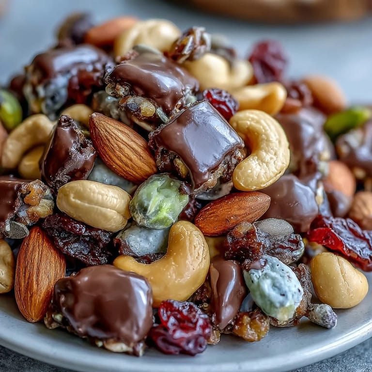 A vibrant bowl of homemade trail mix with dark chocolate, dried cranberries, and apricots, offering a satisfying blend of textures and flavors.