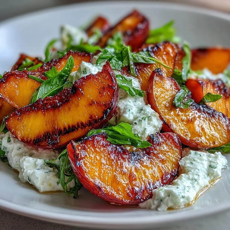 A vibrant summer salad with caramelized grilled peaches, burrata cheese, honey drizzle, and arugula for a refreshing dish.