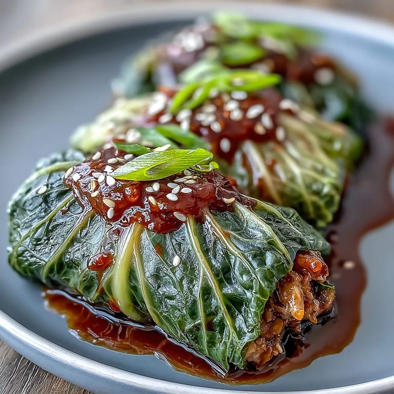 Close-up of tender Korean Cabbage Rolls showcasing glistening filling, a wholesome dairy-free delight.