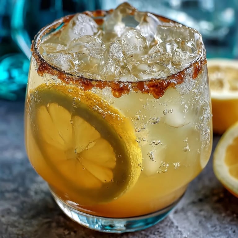 Golden sparkling fermented lemonade served with ice, perfect for a hot summer day.