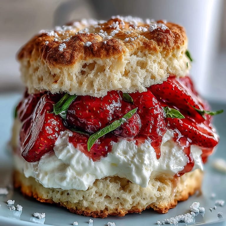 Delicious Strawberry Basil Shortcake Biscuits, a perfect summery dessert topped with whipped cream.