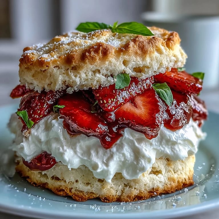 Close-up of fluffy Strawberry Basil Shortcake Biscuits, showcasing macerated strawberries and creamy frosting.