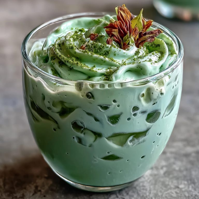 Frothy vanilla cold foam tops this elegant iced matcha latte, perfect for brunch.