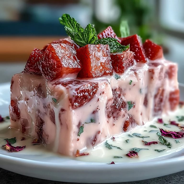See this elegant Strawberry Rose Gelatin Mosaic Cake with delicate floral and fruit flavors.