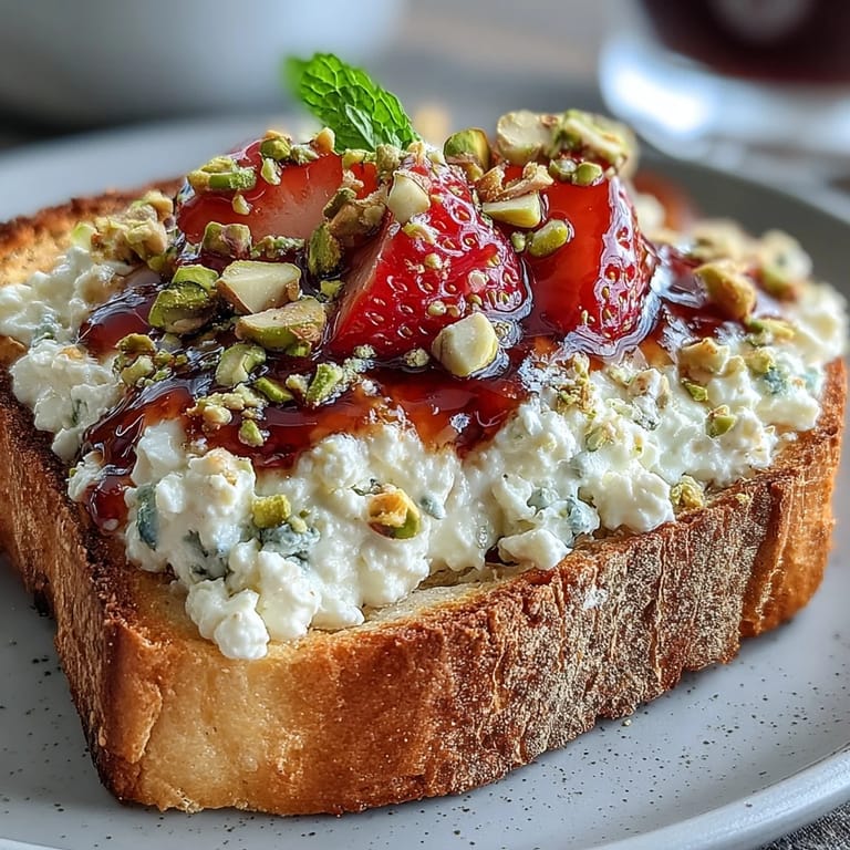 Golden Strawberry Honey Ricotta Toast topped with pistachios, ready to enjoy.