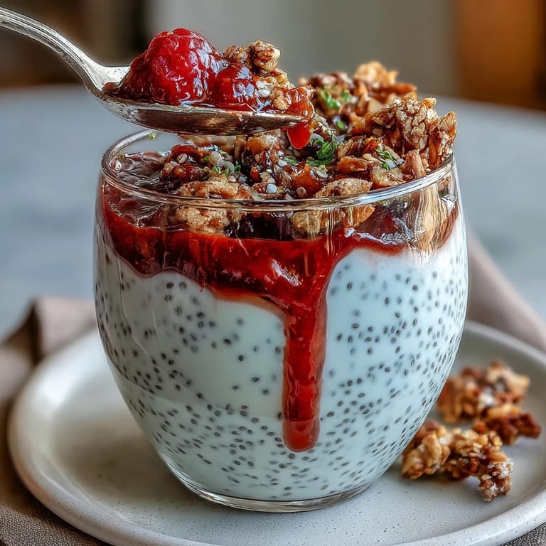 Delicate Lemon Chia Parfait dessert featuring fruity compote and creamy pudding.