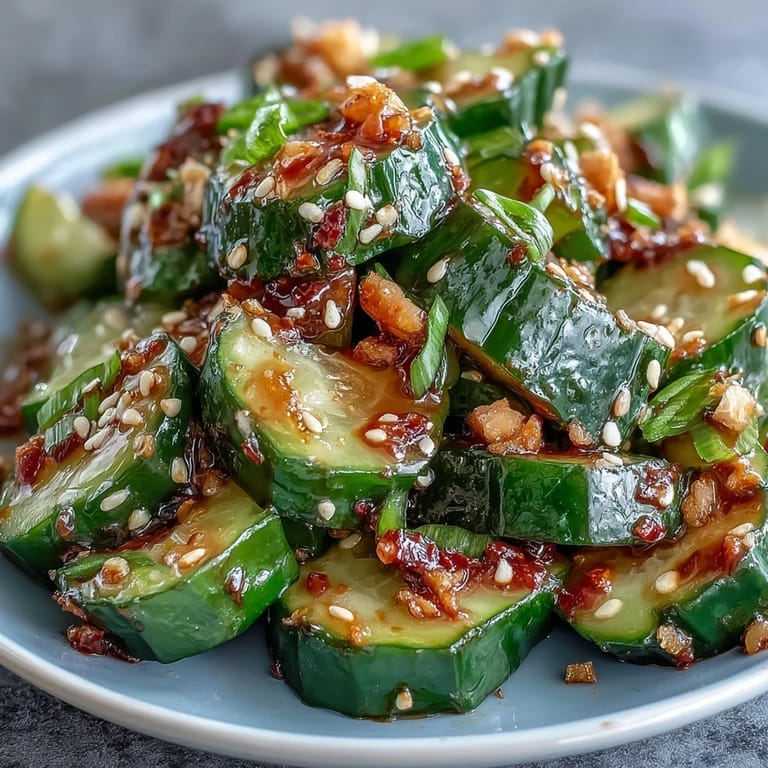Crisp smashed cucumber salad, glistening with sesame oil, perfect for a light appetizer.
