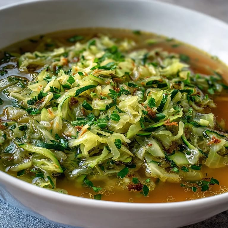 Bright Spring Detox Cabbage Soup invitingly garnished, ready to enjoy.