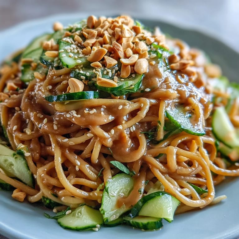 Vivid cold peanut sesame noodles, tossed in a rich sauce, ready for a light, flavorful meal.