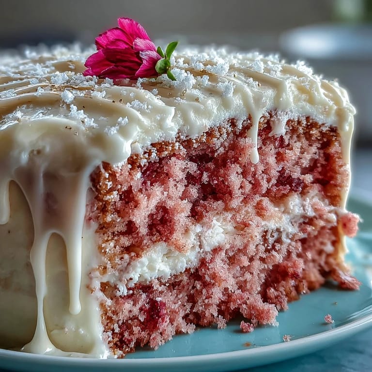 Delicate rosé velvet cake with luxurious cream cheese frosting and a gleaming drip.