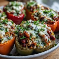 Golden-brown Black-Eyed Pea Stuffed Peppers fresh from the oven, topped with melted cheddar and fresh parsley.