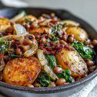 Golden Yukon potatoes and wilted spinach mingle with black-eyed peas in this hearty skillet dinner, garnished with fresh parsley and lemon wedges.