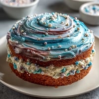 Galaxy Graduation Cake with Edible Stars on a dark marbled buttercream background, shimmering with gold and silver star sprinkles.