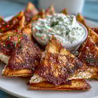 Crispy homemade pita chips with cool, creamy tzatziki — a refreshing Mediterranean snack platter.
