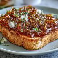 Dandelion jelly spread on warm toast with a golden, floral glow and delicate texture.  