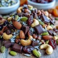 Homemade Trail Mix with Dark Chocolate featuring crunchy almonds, cashews, and pistachios, mixed with chewy dried fruits and rich chocolate chunks for a perfect snack.